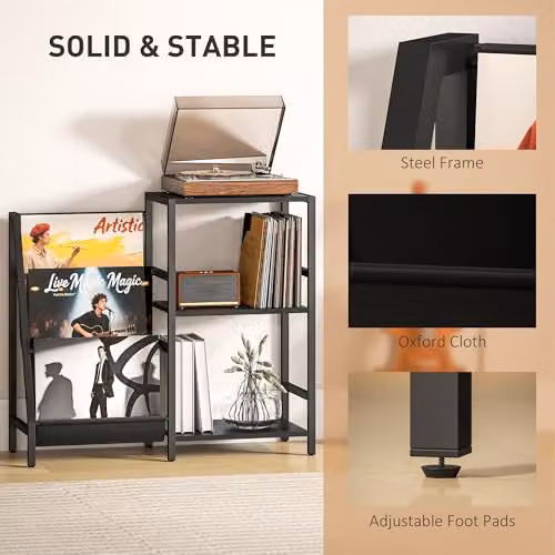 HOMCOM Industrial Record Player Stand with 3-Tier Media Storage in Black Wood Effect, W/D/H: 84 x 30 x 74 cm – 5