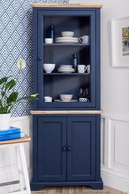 Statement Furniture Florence Corner Display Cabinet with Glass Doors in Navy Blue, W78cm x D35cm x H200cm – 1
