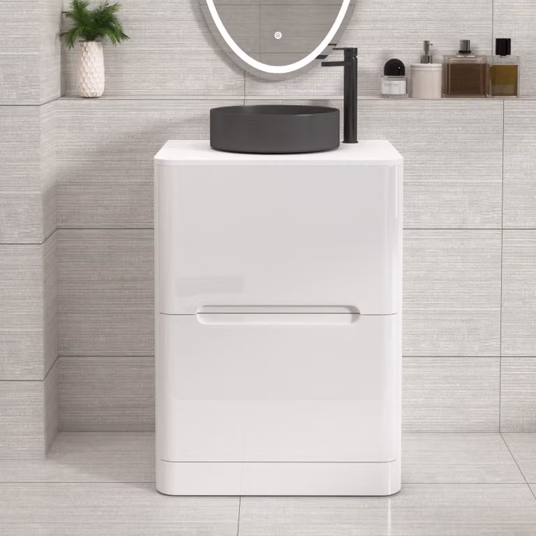 Royal Bathrooms Venice 600mm Gloss White Floor Standing Vanity Unit with 2 Drawers and Art Deco Round Basin