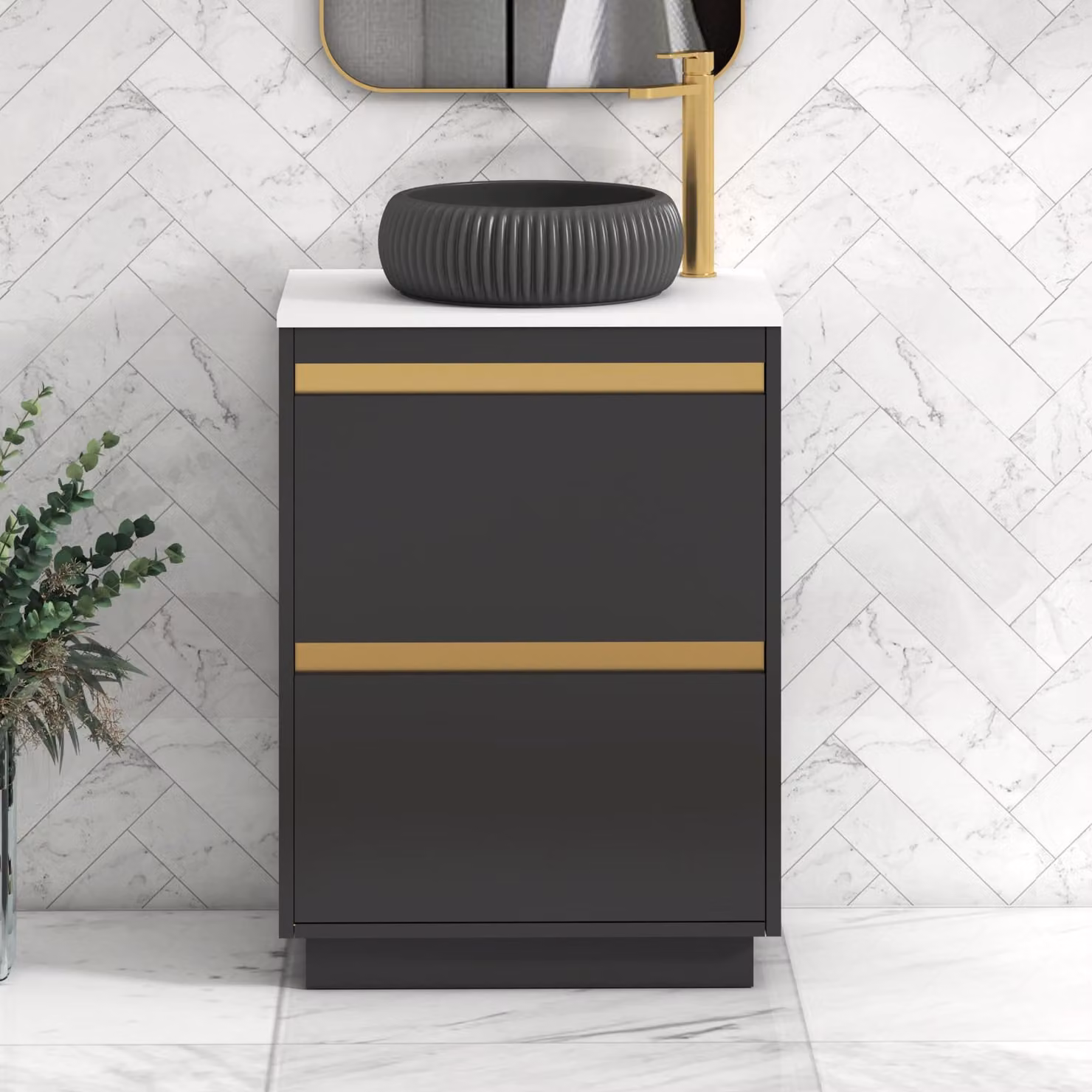 Royal Bathrooms Orion 600mm Matt Obsidian Black Floor Standing Vanity Unit with White Countertop, 2 Drawers, Milan Black Basin and Brushed Brass Accent Trim