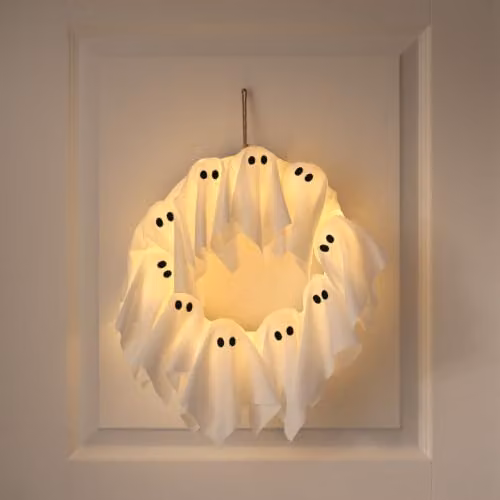 Lights4fun LED Ghost Outdoor Halloween Wreath in Black and White, Diameter: 32 cm – 2