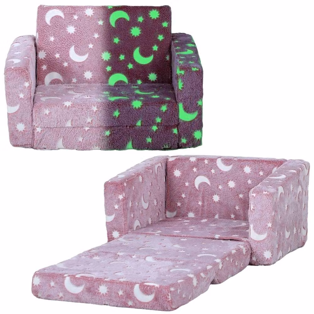 VOGREX Folding Kids Sofa Bed Toddler Armchair with Glow in the Dark Star and Moon Pattern in Pink – 3