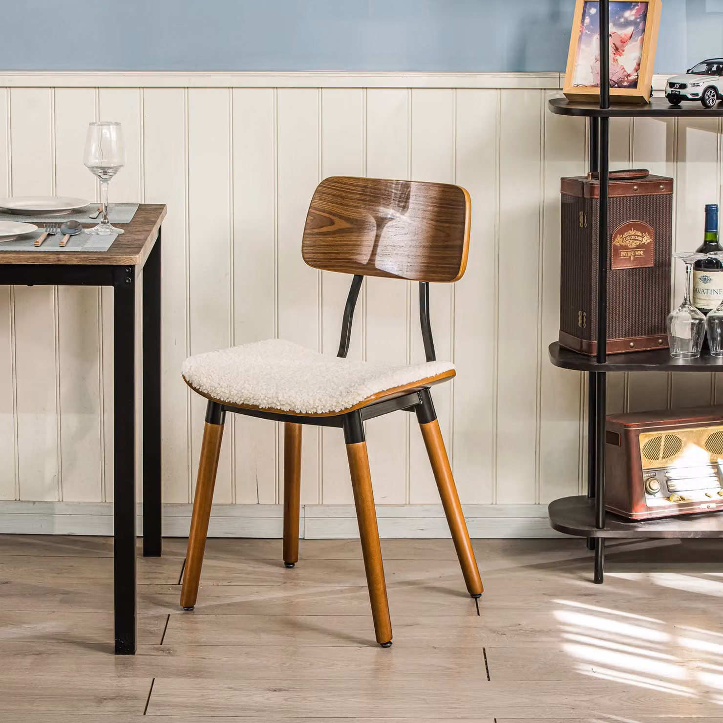 Nordlys Set of 2 Scandinavian Style Wooden Dining Chairs in White Bouclé Fabric and Brown Wood – 3