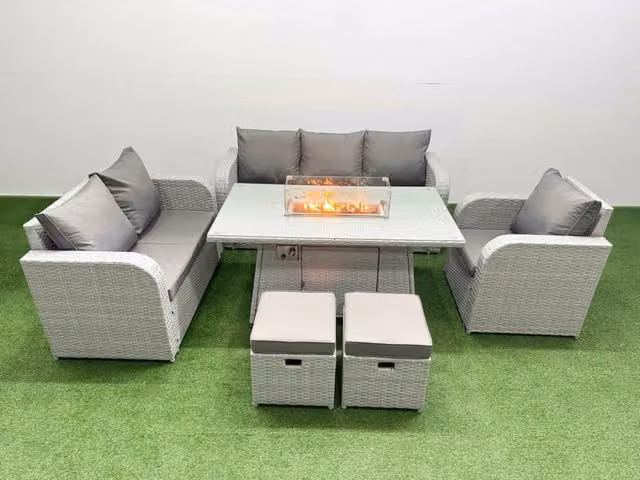 Fimous Patio 8 Seater Grey PE Wicker Rattan Outdoor Furniture Set with Firepit Dining Table, Reclining Chairs, Loveseat, 3 Seater Sofa and Stool