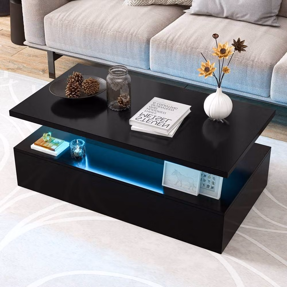Costway Modern 2-Tier Rectangular Coffee Table with Adjustable LED Light in Black – 4