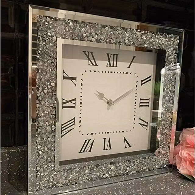 Biznest Silver Crushed Diamond Square Analog Wall Clock with Glass Detail