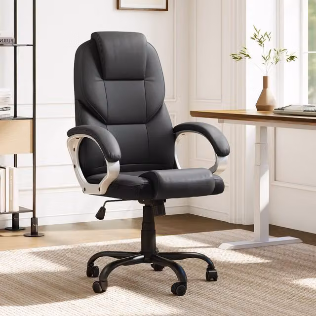 Livingandhome Black Synthetic Leather Swivel Gaming Office Chair with Headrest, Armrests and Castors