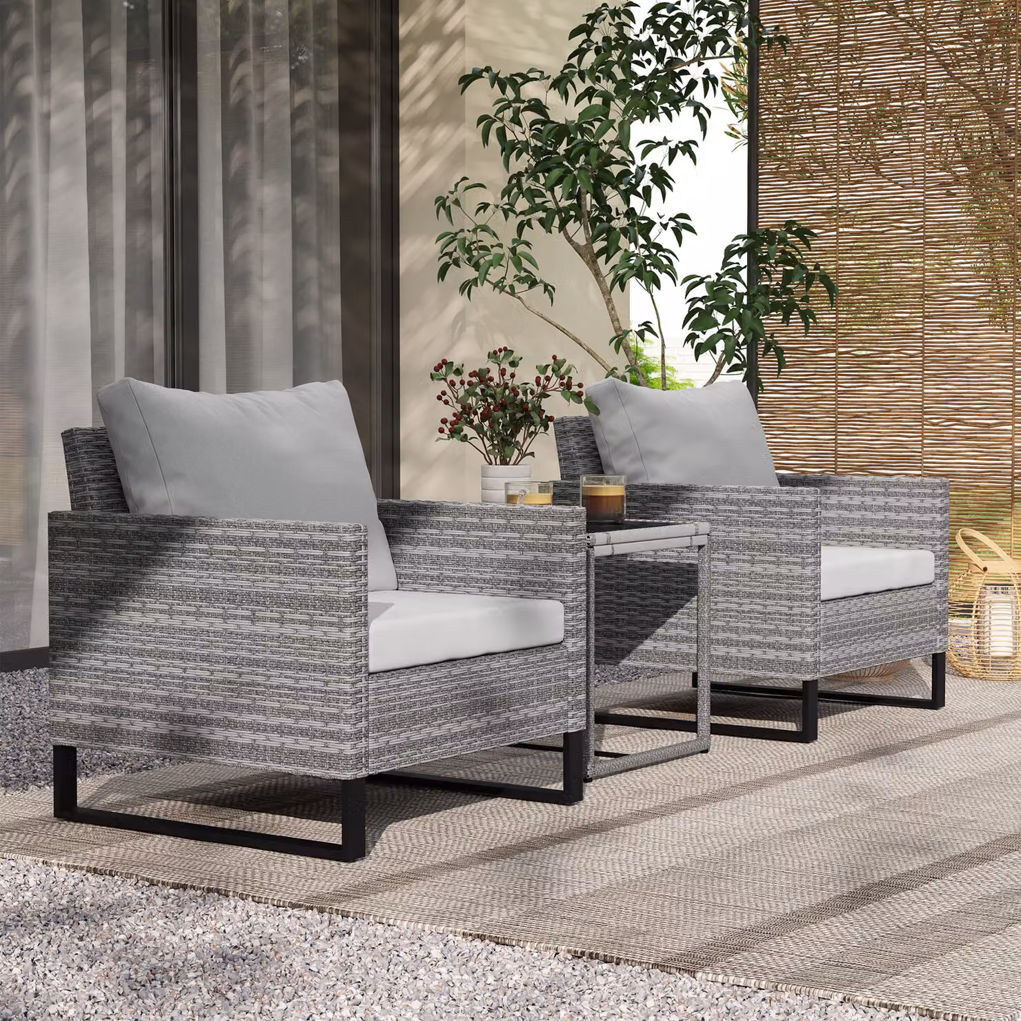 Outsunny 3 Piece Rattan Bistro Set with Glass Top Coffee Table and 4 Cushions in Grey – 2