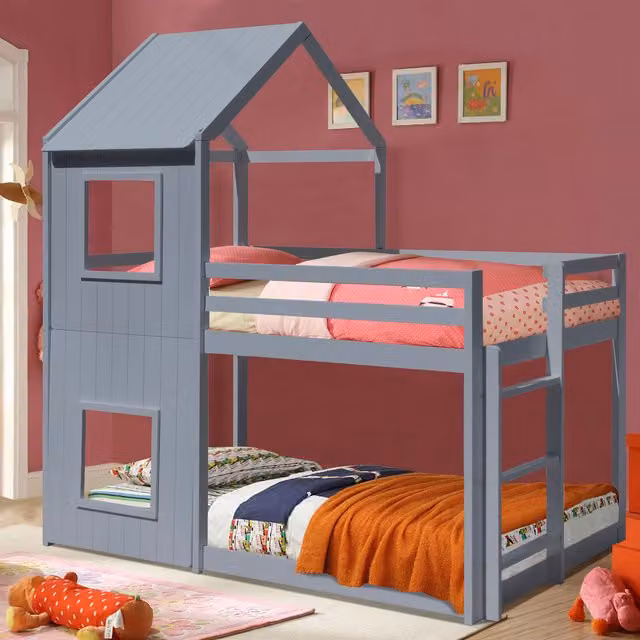 Comfy Living House Style Solid Wood Childrens Bunk Bed in Grey, W/D/H: 90 x 190 cm