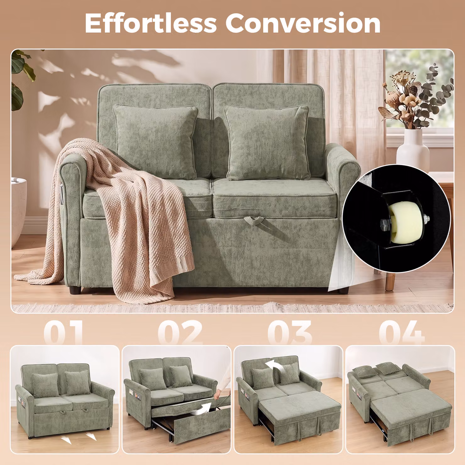 HOMCOM 2 Seater Convertible Chenille Sofa Bed with 5-Position Adjustable Backrest and Pull Out Sleeper Function, Green – 3