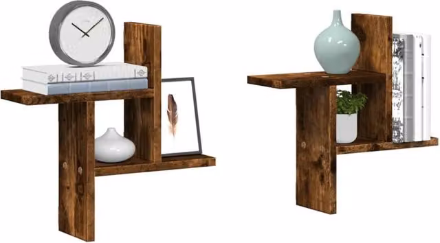 Berkfield Home Set of 2 Wall Mounted Shelves in Smoked Oak Brown, W/D/H: 38 x 12 x 38 cm – 1