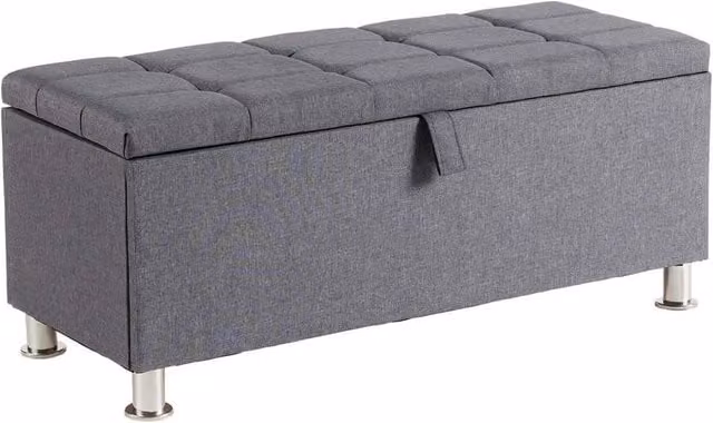 FORGEVIO Dark Grey Fabric Storage Ottoman with Padded Seat, Buttoned Detailing and Metal Legs
