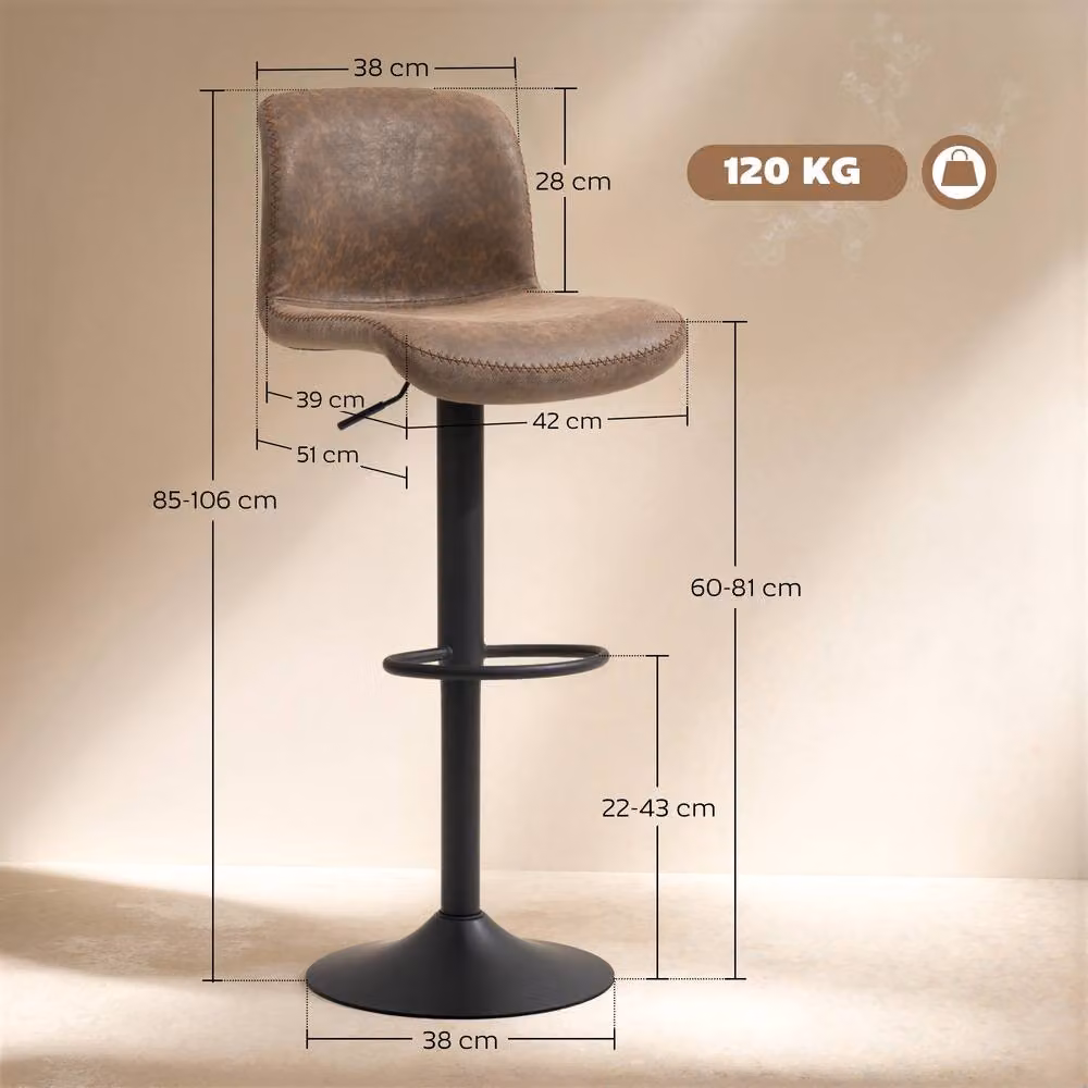 STILVORA Set of 2 Adjustable Bar Stools with Backrest and Footrest in Brown Synthetic Leather – 4