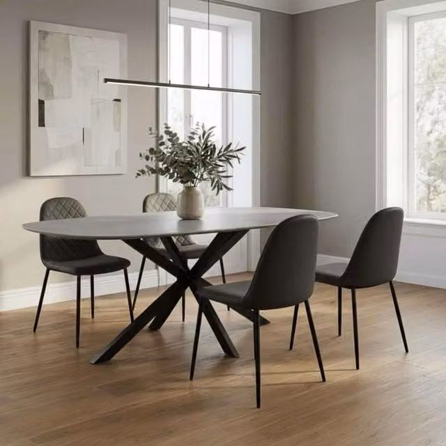 Home Source Sigma Grey Melamine Top Oval Dining Table and Anastasia Chairs Set in Grey and Black, Width: 200 cm