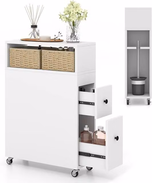 Gymax Narrow Movable Bathroom Cabinet with 2 Rattan Baskets in White – 1