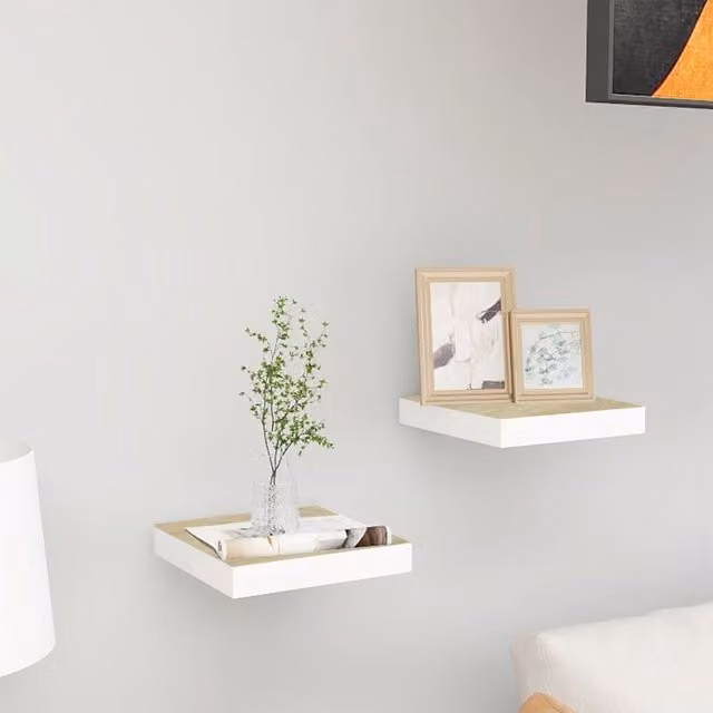 Berkfield Home Floating Wall Shelves, 2 Piece Set in Oak and White, W/D/H: 23 x 23.5 x 3.8 cm
