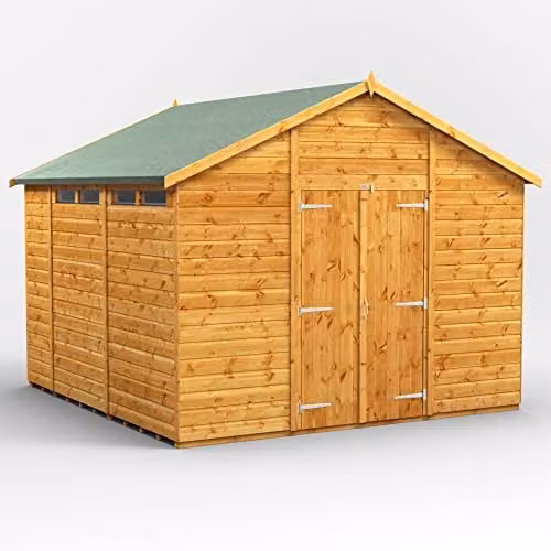 Powersheds Premium Apex Wooden Security Shed in Natural Brown with Double Doors, PVC Window Sills and Toughened Glass