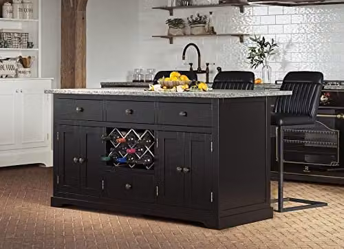 Baumhaus Black Modern Lacquered Kitchen Island with Grey Granite Worktop, W: 150 cm, D: 60 cm, H: 84.5 cm