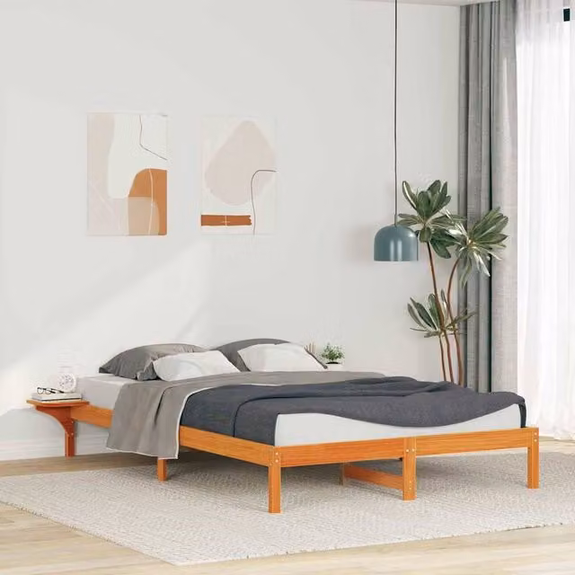 Berkfield Home Modern Solid Pine Bed Frame with Side Tables in Wax Brown, W: 140 cm, L: 210 cm