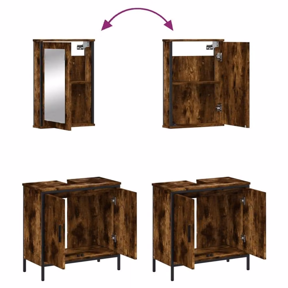 Berkfield Home 2 Piece Industrial Bathroom Furniture Set in Smoked Oak Brown featuring Mirror Cabinet and Vanity Unit – 3