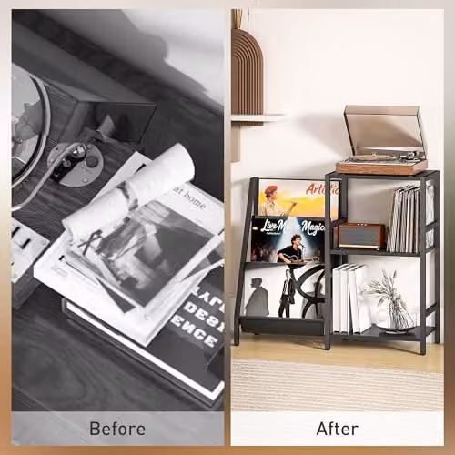 HOMCOM Industrial Record Player Stand with 3-Tier Media Storage in Black Wood Effect, W/D/H: 84 x 30 x 74 cm – 4