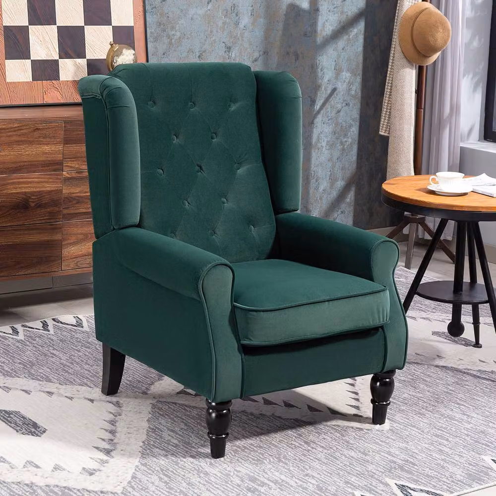 ERGOVEXA Retro Green Velvet Wingback Accent Chair with Solid Wood Frame, W/D/H: 74.0 x 102.0 x 86.0 cm – 4
