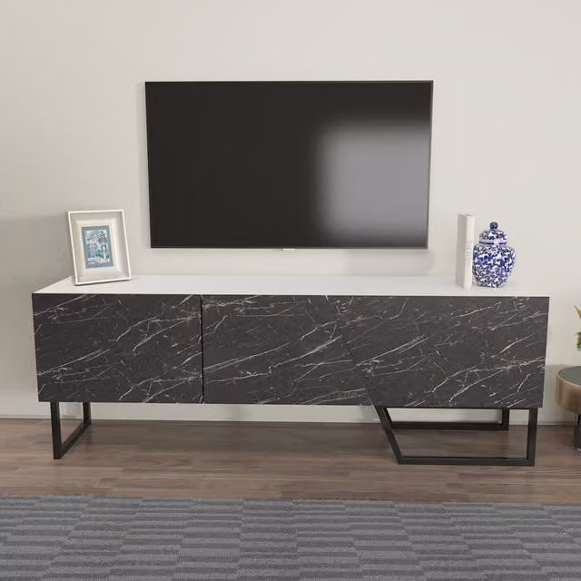 Decorotika Parla Modern TV Unit in White and Black, W: 150 cm, D: 35 cm, H: 50.6 cm