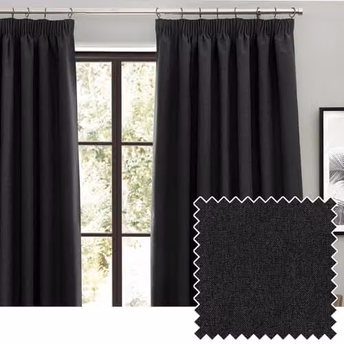 Riva Home Dawn Textured Blackout Pencil Pleat Curtains, Black, Width: 117 cm, Drop: 137 cm – 1
