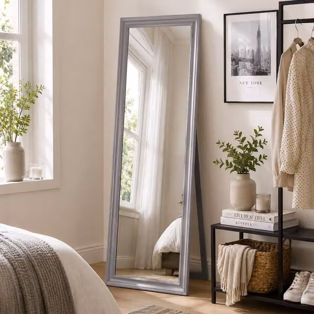 Orsina Full Length Floor Standing Mirror with Bevelled Edges, White and Grey Rectangular Design, H 145 x W 45 x D 5 cm