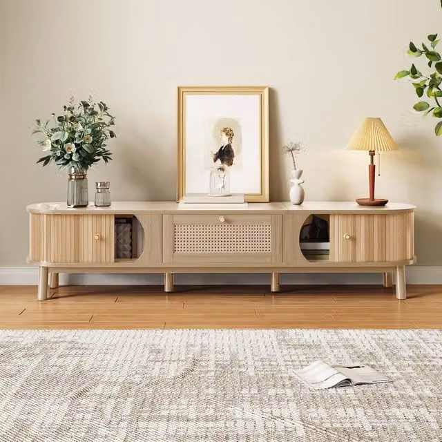 Rolipo Natural Rattan and Solid Wood TV Stand in Brown and Beige, Rustic Storage Unit with Media Compartments, Width: 170 cm – 1
