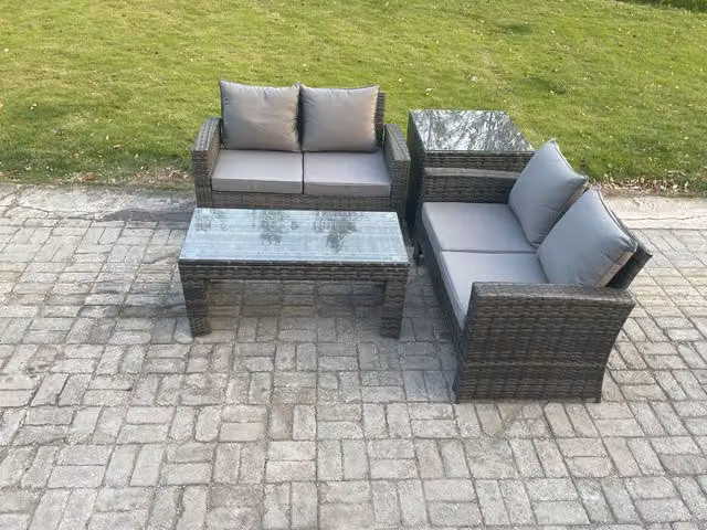 Fimous 4 Piece Poly Rattan Garden Furniture Set in Dark Grey with Upholstered 2 Seater Sofa and Coffee Table