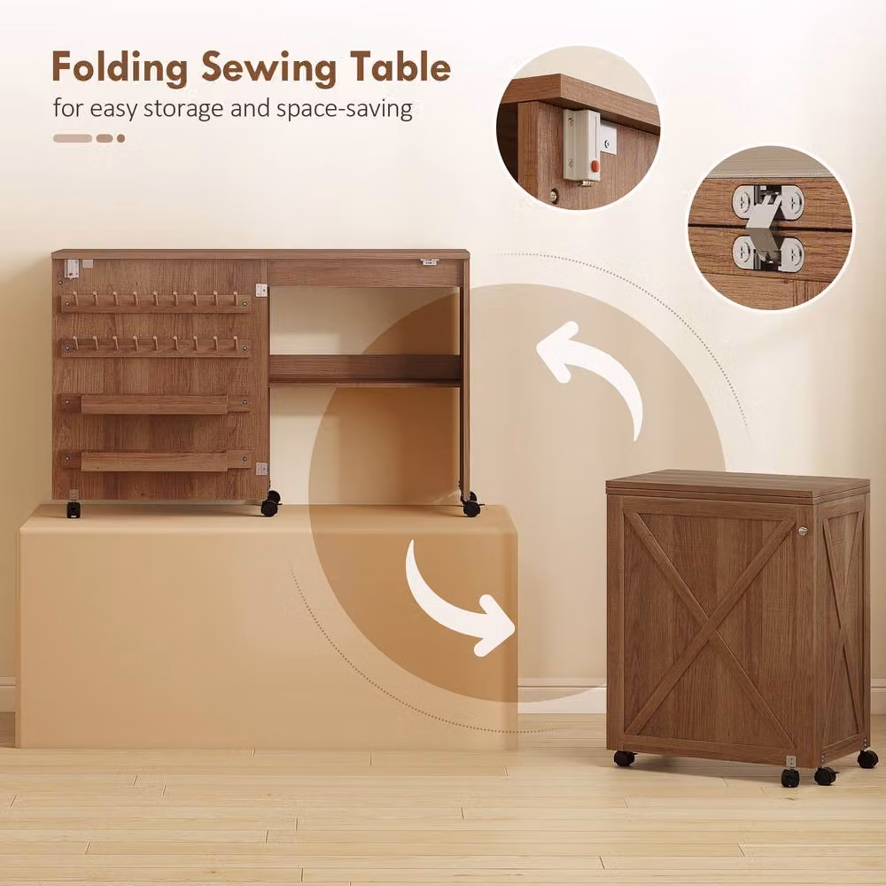 HOMCOM Brown Folding Sewing Craft Table with Storage Compartments and Castors – 3