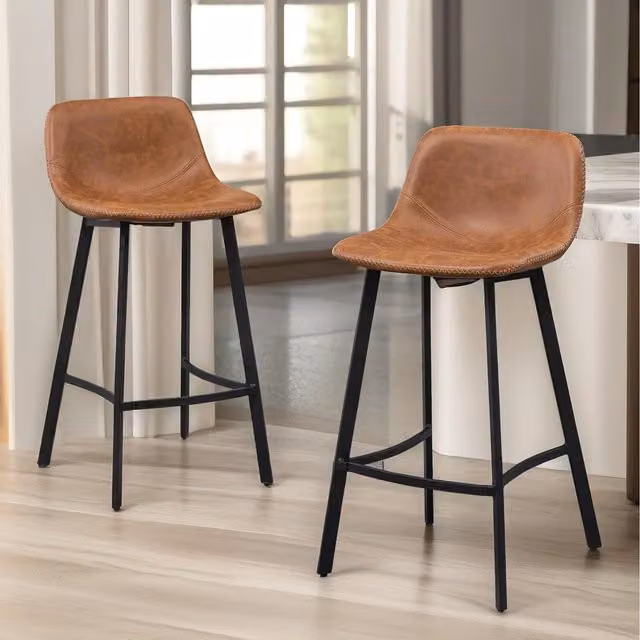 Pirlo Plush Set of 2 Industrial Brown Synthetic Leather Bar Stools, Height: 91 cm