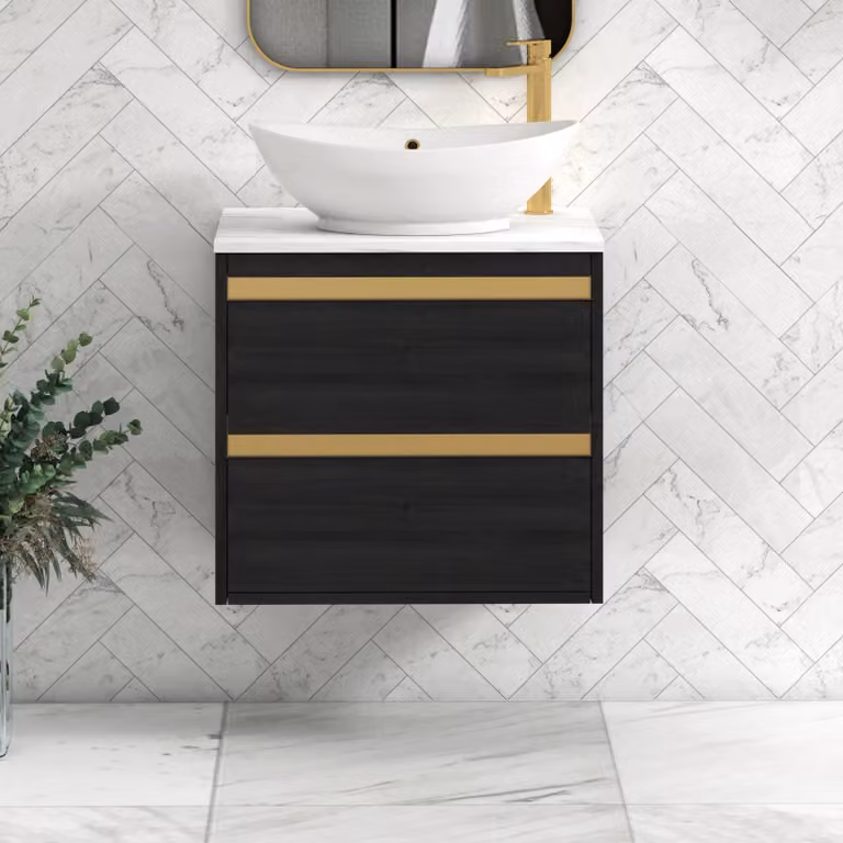 Royal Bathrooms Orion 800mm Hale Wall Hung Vanity Unit in Black with Carrara White Amaze Basin and Brushed Brass Accent Trim
