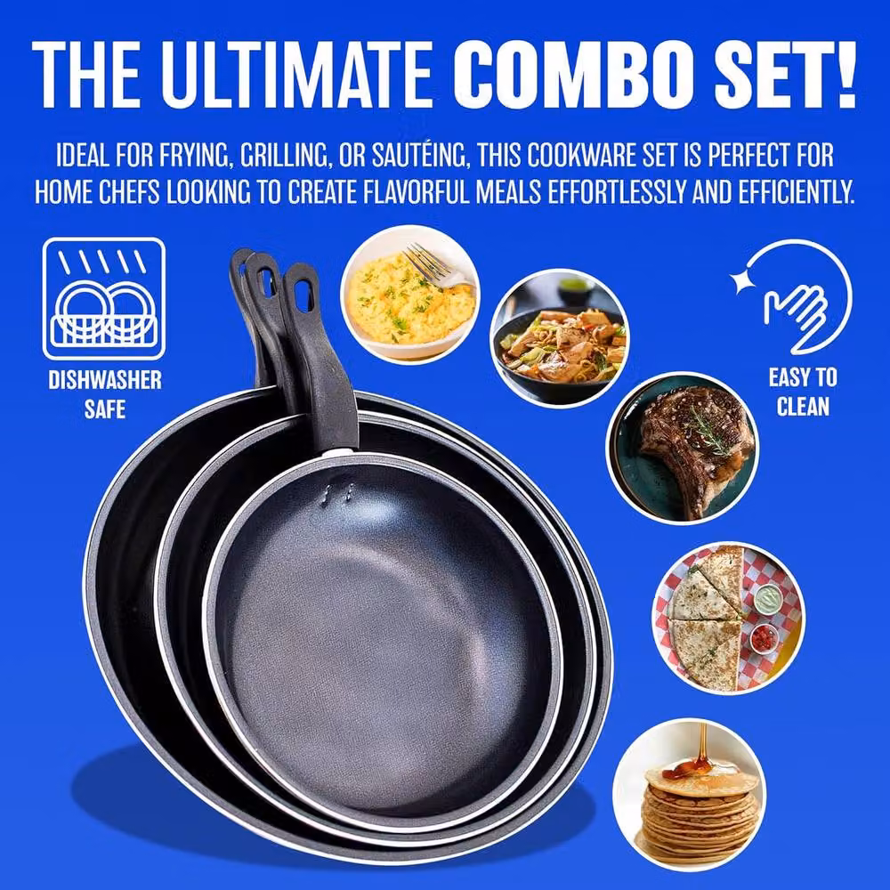 BARGAINS-GALORE Set of 3 Non-Stick Steel Frying Pans in Black – 4