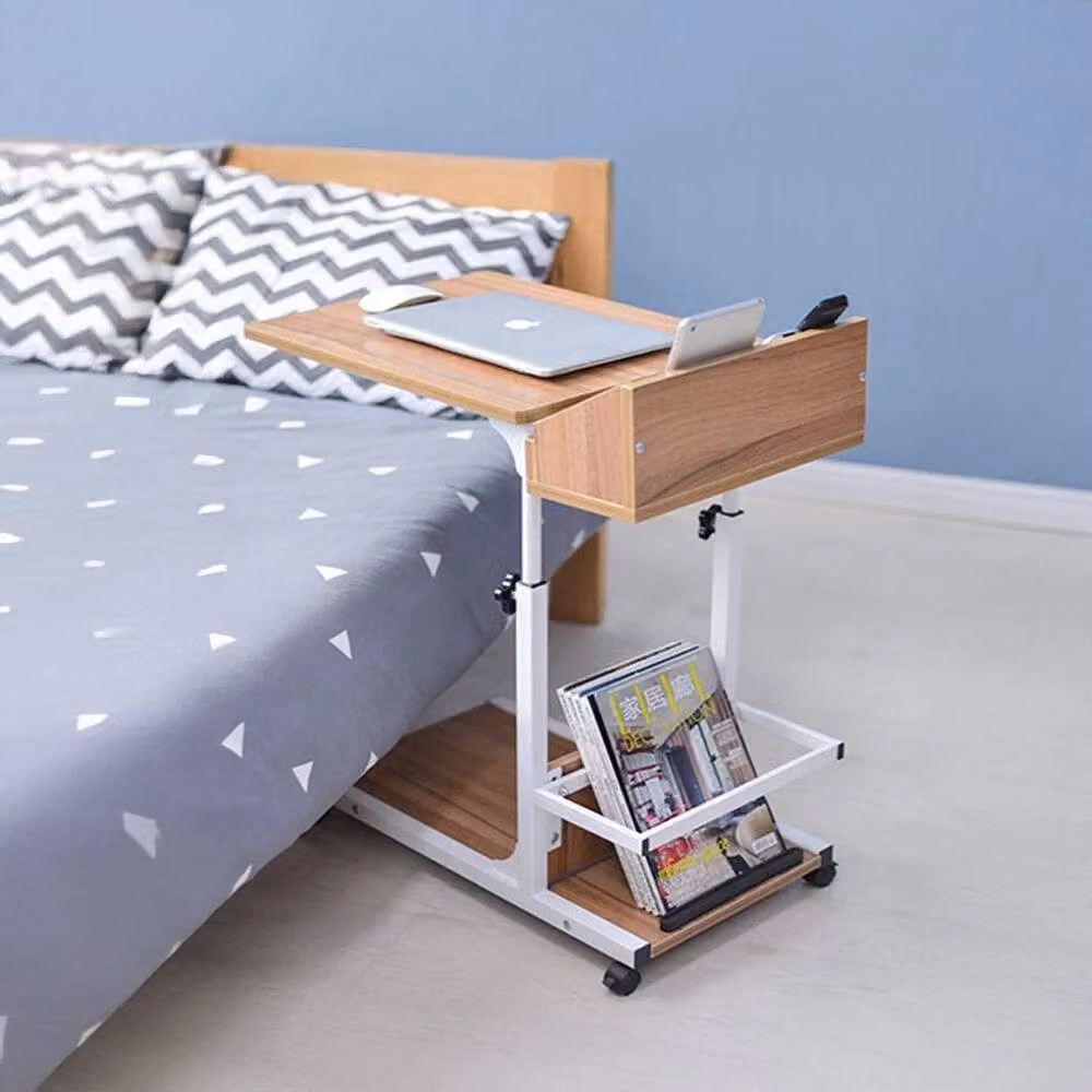 FLAVORA Adjustable Oak Wood Mobile Overbed Table in Brown – 2