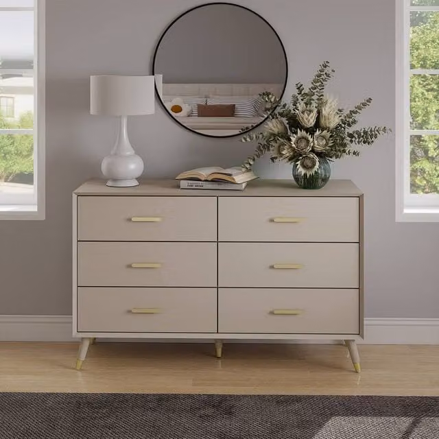 Melody Maison Oslo Large 6 Drawer Chest of Drawers in Taupe, Gold and Beige – 1