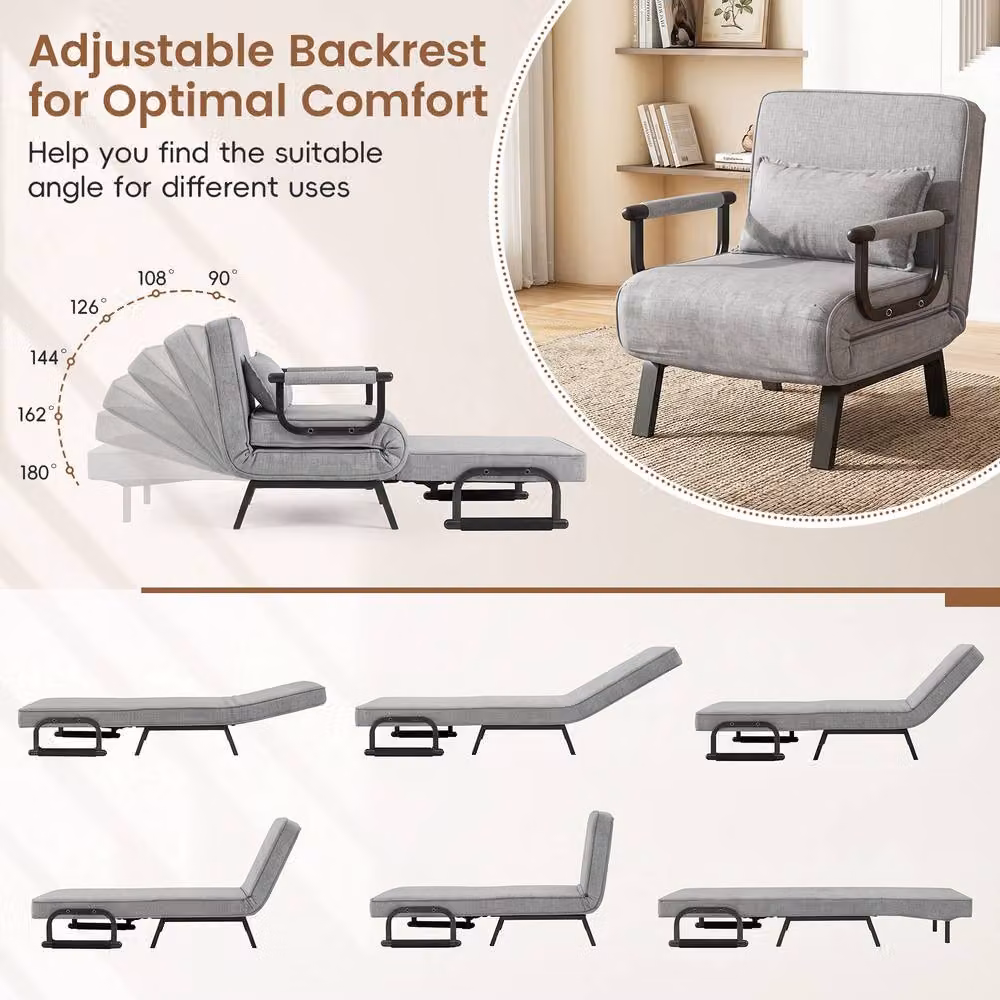 Costway Convertible Sleeper Chair Folding Sofa Bed in Grey with Adjustable Backrest and Armrests – 6
