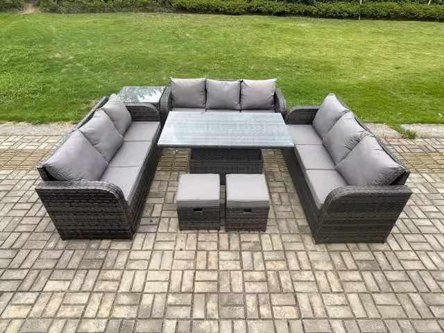 Fimous Outdoor Rattan Garden Dining Set with Height Adjustable Lifting Table in Dark Grey