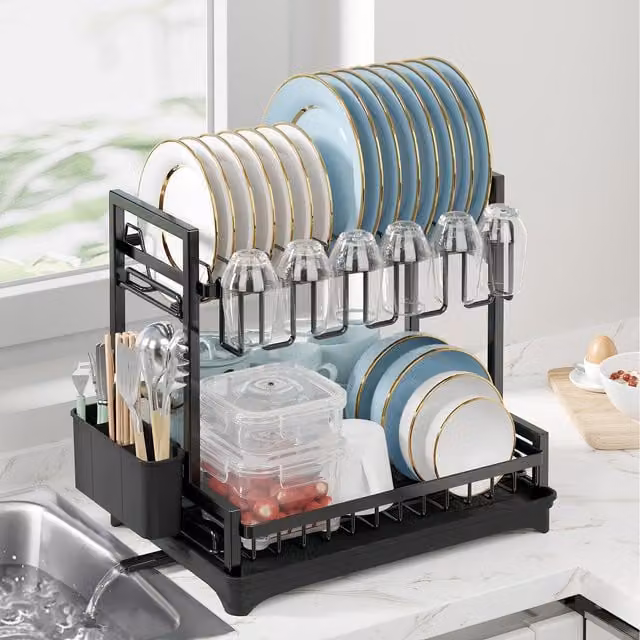 Neo 2 Tier Black Coated Steel Dish Drying Rack with Drip Tray and Drainage Spout