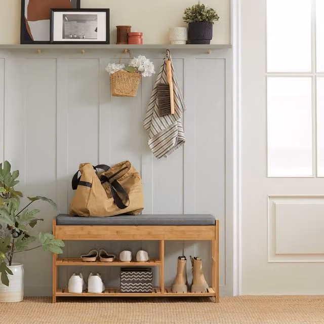 SoBuy Bamboo Hallway Shoe Storage Bench with Grey Fabric Seat Cushion and Brown Wood Rack