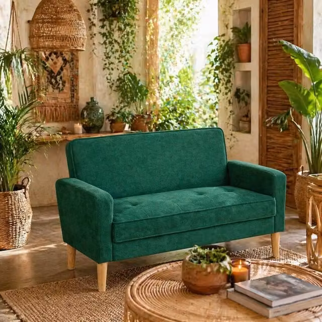 Wyld Haus Neraro 2 Seater Velvet Sofa in Green with Natural Wood Legs W/D/H: 130 x 82 x 74.5 cm