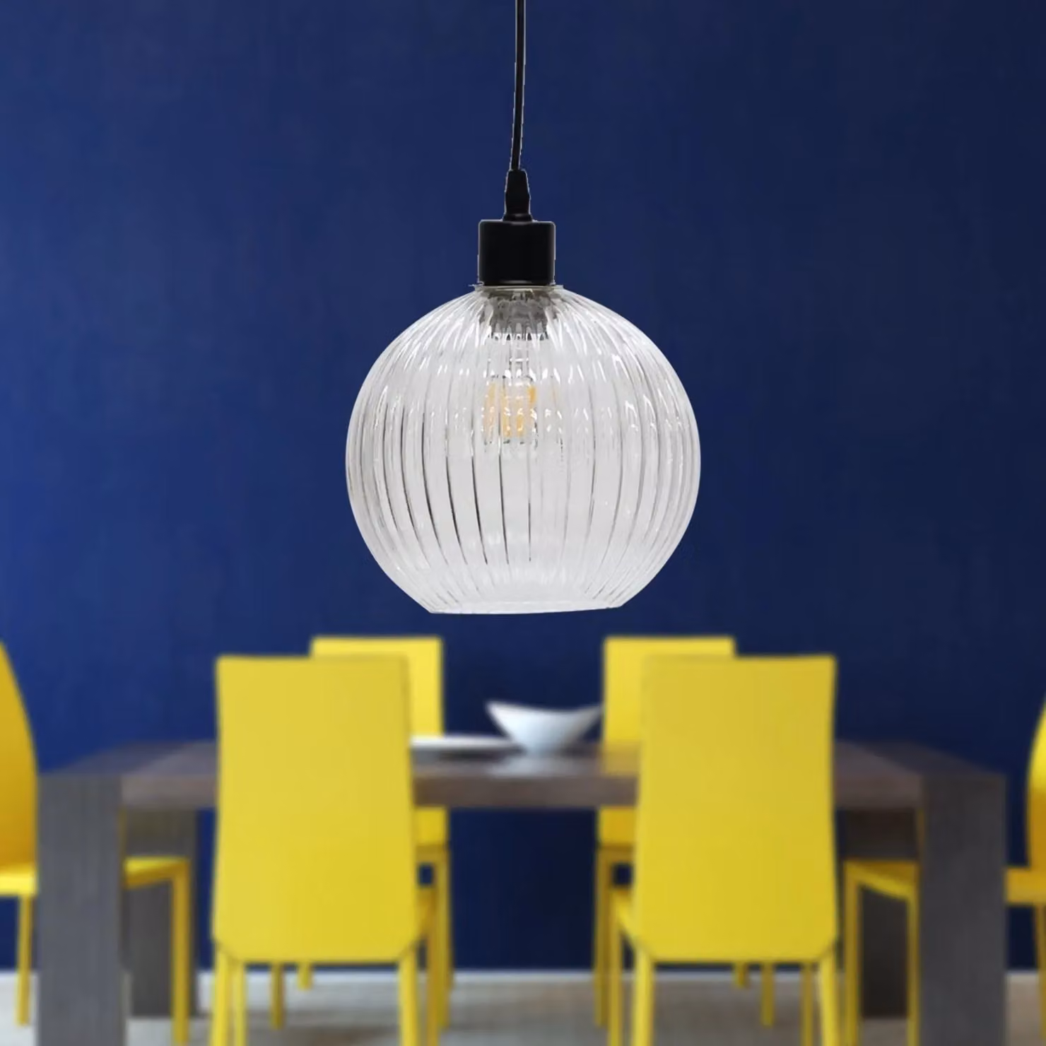 First Choice Lighting Betchley Modern Suspended Pendant Light with Transparent Ribbed Glass Sphere and Black Fitting – 2