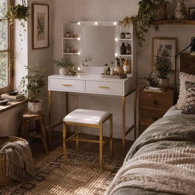 Wyld Haus Doraro White LED Dressing Table with Lighted Mirror and Cushioned Stool W/D/H: 132.5 x 90 x 45 cm – 1