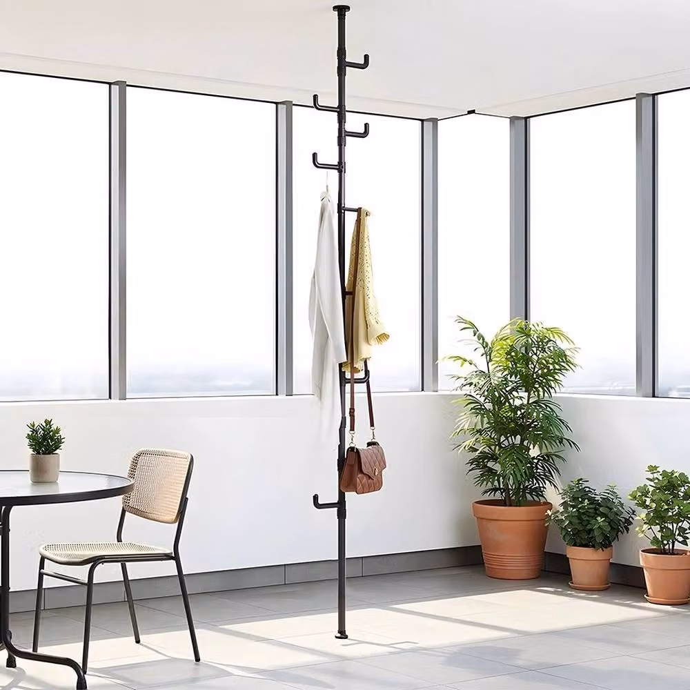 FORGEVIO Black Adjustable No-Drill Tension Clothes Rail with 8 Hooks, Width: 60 cm – 2
