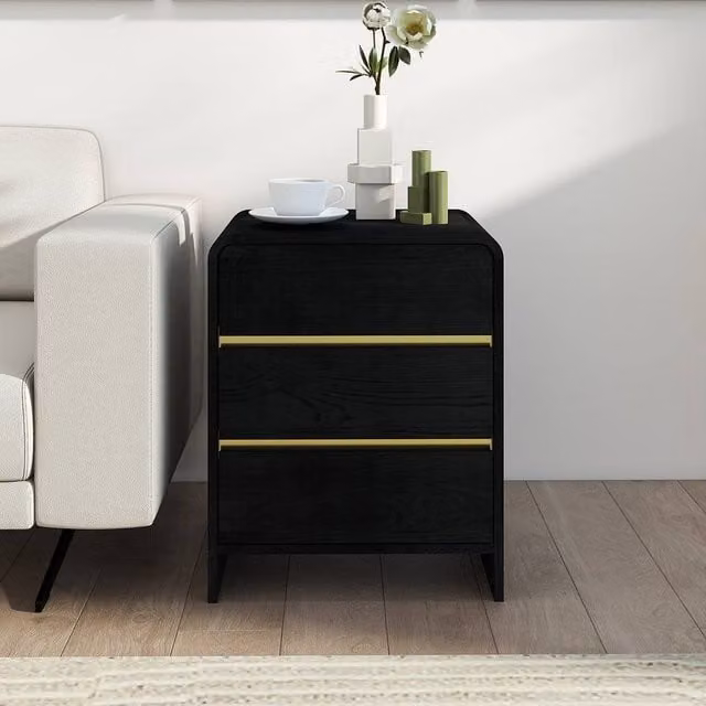 Melody Maison Meridian Black 3 Drawer Bedside Table with Gold Accents – 1