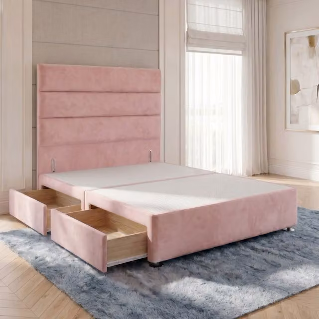 Horizona King Velvet Divan Bed Base with 2 Drawers and 54 inch Floor Standing Headboard in Pink, W/D/H: 180 x 200 x 34.5 cm