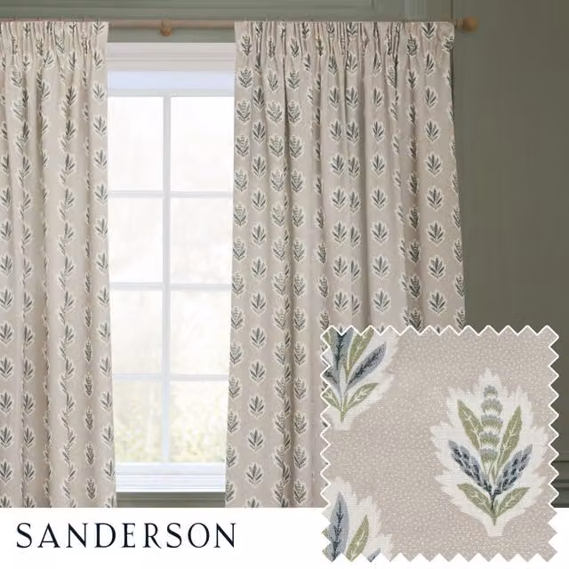 Sanderson Sessile Leaf Printed Room Darkening Pencil Pleat Curtains in Light Blue, Width: 229 cm, Drop: 229 cm – 1