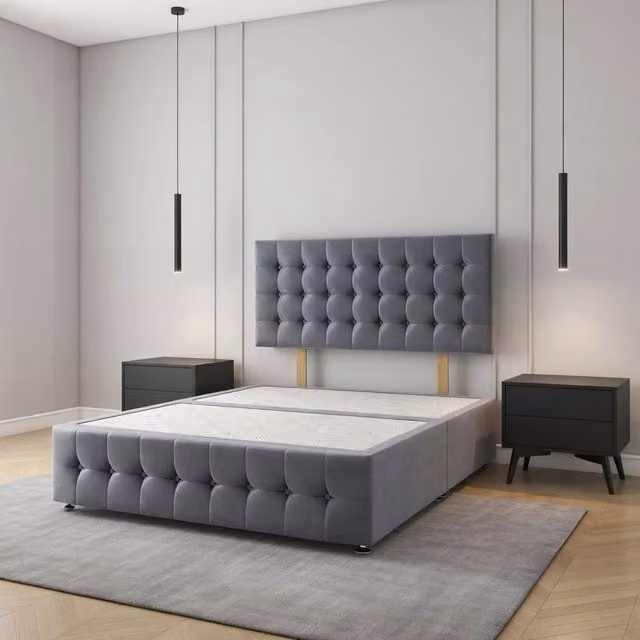REGIONAL FURNISHINGS Super King Upholstered Divan Bed Base with 24 inch Headboard and 12 inch Footboard in Anthracite Grey Velvet Fabric, W/D/H: 200 x 200 cm