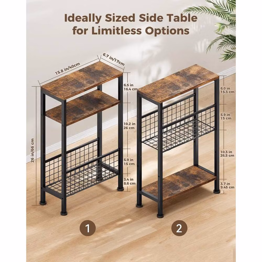 FORGEVIO Narrow Side Table with 3-Tier Magazine Rack, Brown Wood Industrial Design – 2